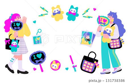 ポップでカラフルな若者 推し活をする女性のイラスト ポップでカラフルな若者 推し活をする女性のイラスト 131738386