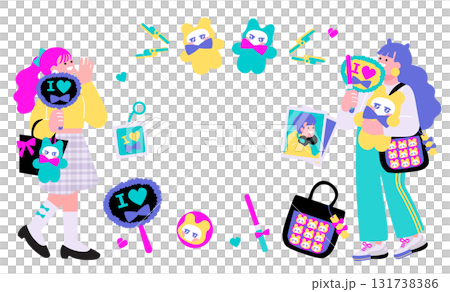 ポップでカラフルな若者 推し活をする女性のイラスト ポップでカラフルな若者 推し活をする女性のイラスト 131738386