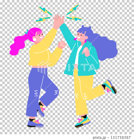 流行色彩插畫，描繪了人們擊掌的場景 131738387