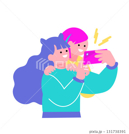 スマートフォンを持って写真を撮る若者のポップなイラスト 131738391
