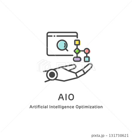 AI時代のSEO対策「AIO（AI検索最適化）」の線画アイコン (ベクター素材) 131738621