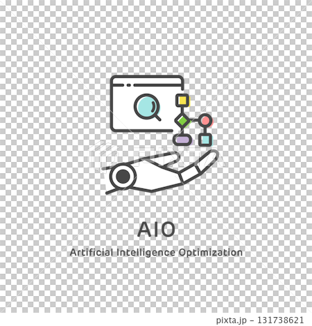 AI時代のSEO対策「AIO（AI検索最適化）」の線画アイコン (ベクター素材) 131738621