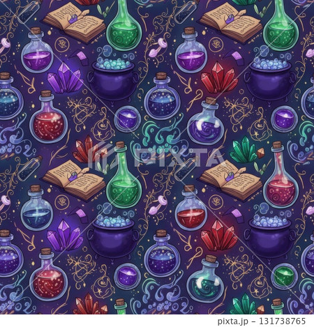Magical Potion Ingredients Seamless Pattern with Cauldrons and Crystals 131738765
