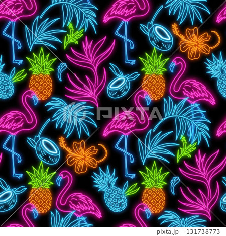 Neon Flamingo Pineapple and Tropical Leaves Seamless Pattern on Black Backdrop 131738773