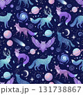Cosmic Animals and Celestial Bodies Pattern with Foxes Wolves Owls and Planets 131738867