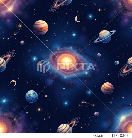 Cosmic Galaxy Scene with Planets Stars and Vibrant Nebula Background 131738868