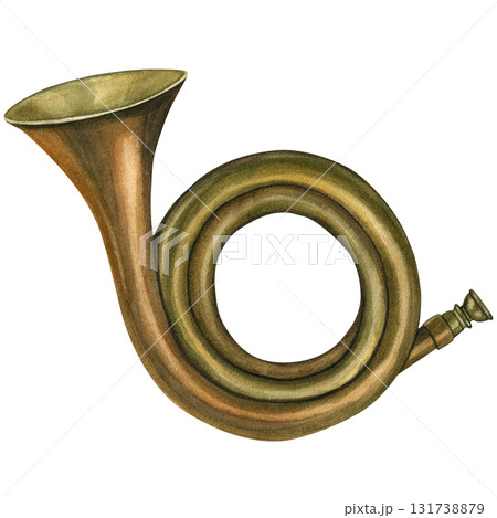Watercolor illustration of a medieval hunting horn. Isolated on a white background, hand-drawn 131738879