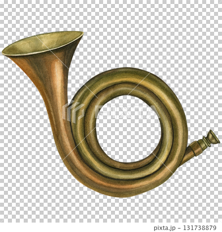 Watercolor illustration of a medieval hunting horn. Isolated on a white background, hand-drawn 131738879