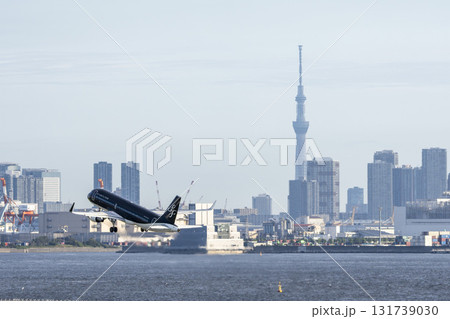 羽田空港の風景　離陸中の飛行機と東京スカイツリー　東京都大田区 131739030