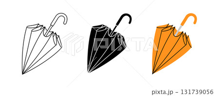 Compact folded umbrella icon in three versions outline, silhouette, and orange color 131739056