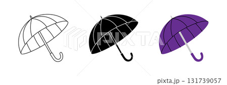 Minimalist umbrella icons in outline, solid black, and purple color. Simple vector rain protection symbols for seasonal weather design Minimalist umbrella icons in outline, solid black, and purple color. Simple vector rain protection symbols for seasonal weather design 131739057