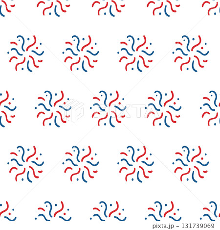 Seamless pattern with playful red and blue fireworks. Vibrant bursts with stars and dots 131739069