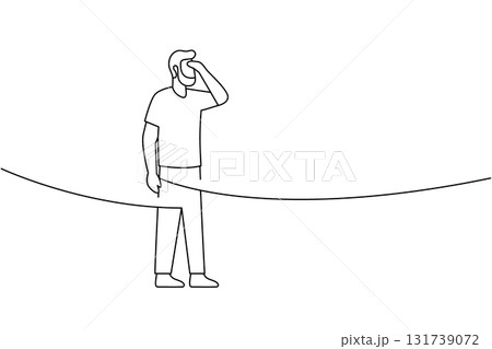 Minimalist contour of a bearded man shading his eyes, looking forward. Simple line art for vision and discovery themes 131739072