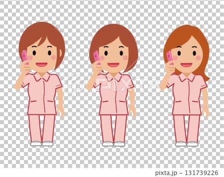 スマホで電話するピンクの制服の女性看護師 スマホで電話するピンクの制服の女性看護師 131739226
