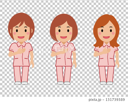 胸に手を当てて笑顔のピンクの制服の女性看護師 胸に手を当てて笑顔のピンクの制服の女性看護師 131739389