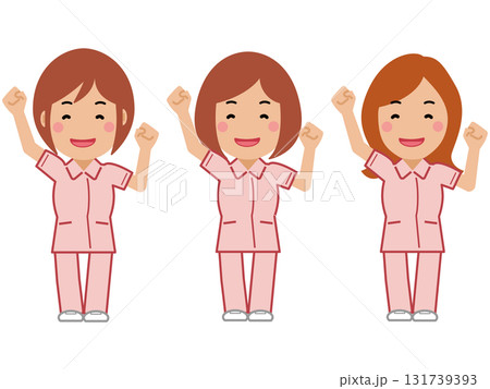 大きな身振りで応援するピンクの制服の女性看護師 大きな身振りで応援するピンクの制服の女性看護師 131739393