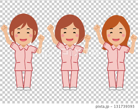 一位身穿粉紅色制服的女護士用誇張的手勢歡呼 131739393