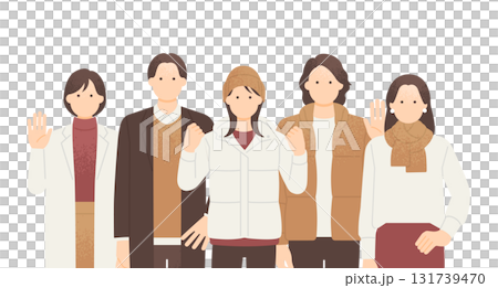 A group of five men and women posing wearing scarves and knit hats. Upper body illustration set. 131739470