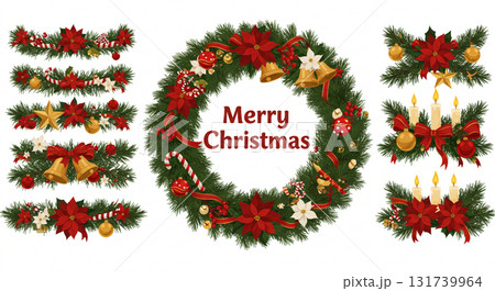 華やかなクリスマスリースとガーランドの装飾セット 華やかなクリスマスリースとガーランドの装飾セット 131739964