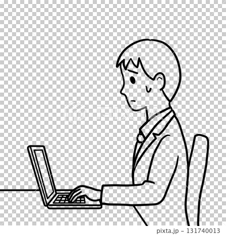 A man with a troubled expression working on a computer (line drawing only, landscape orientation) 131740013