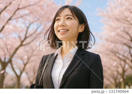 新社会人の女性と満開の桜 131740064