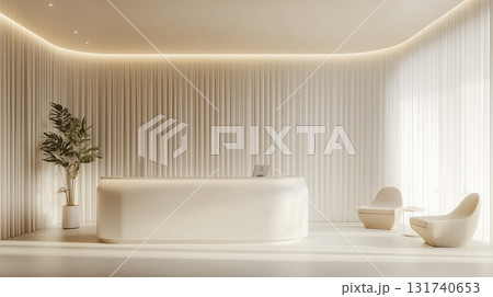 白・ベージュに統一された光が差し込むカウンター受付	 131740653