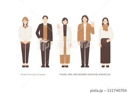 冬服で様々なポーズをとる若い男女 5人グループの全身イラストセット 131740704