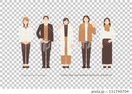 冬服で様々なポーズをとる若い男女 5人グループの全身イラストセット 131740704