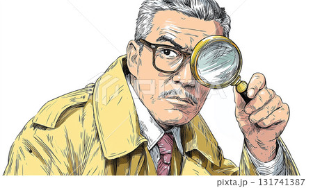 トレンチコートを着た口髭の紳士が、眼鏡の上から虫眼鏡を覗き込み、こちらを見ているイラスト。 131741387