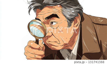茶色いコートを着たシニアの探偵が、虫眼鏡を覗き込みながら鋭い視線で何かを調べているイラスト。 131741388