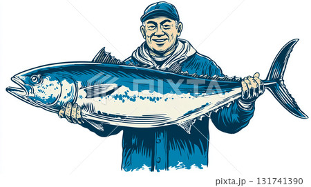 青いジャケットを着た漁師の男性が、大きなマグロを誇らしげに抱えて微笑んでいるイラスト。 131741390