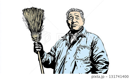 水色の作業着を着たシニア男性が、竹ぼうきを手に持って正面を向いているイラスト。 131741400