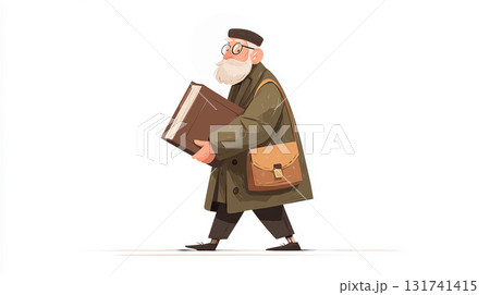 大きな本と鞄を持ちながら歩いている、眼鏡をかけた白髭のシニア男性のイラスト。 大きな本と鞄を持ちながら歩いている、眼鏡をかけた白髭のシニア男性のイラスト。 131741415