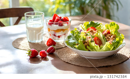 新鮮なサラダとフルーツヨーグルト 131742384