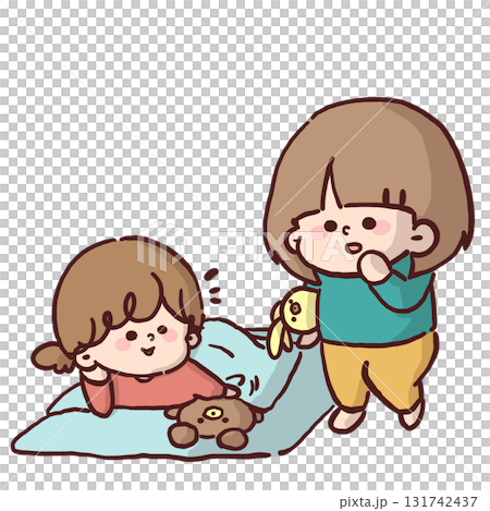 孩子們假裝用毛絨玩具小睡的插圖 孩子們假裝用毛絨玩具小睡的插圖 131742437