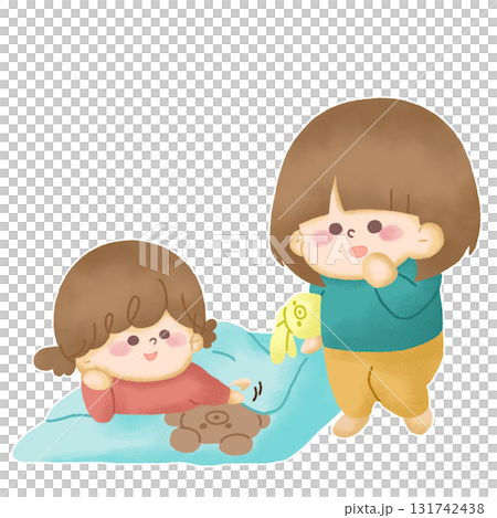 ぬいぐるみとお昼寝ごっこをしている子どもたちのイラスト 131742438