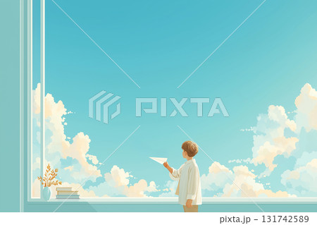 窓から紙飛行機を飛ばそうとする少年 窓から紙飛行機を飛ばそうとする少年 131742589
