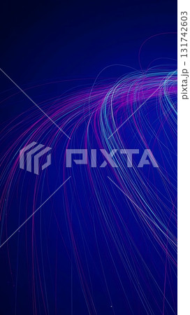 Abstract blue background with curved lines in shades of pink and white emanating upward 131742603