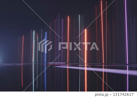 Abstract cityscape with colorful neon lights reflected on a shiny dark surface view Abstract cityscape with colorful neon lights reflected on a shiny dark surface view 131742617