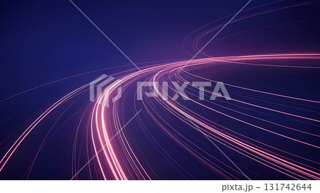 Abstract glowing light trails curving through darkness, representing speed, data, and technology 131742644