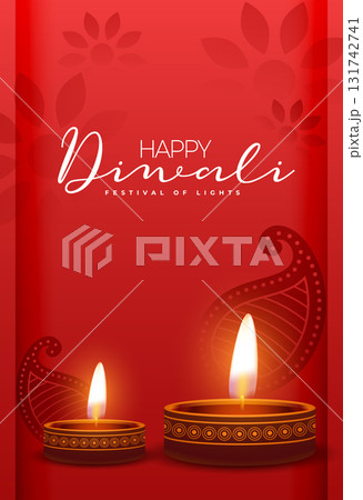 happy diwali wishes red poster with realistic diya 131742741