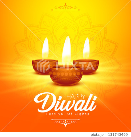 beautiful happy diwali holiday card with realistic diya 131743499