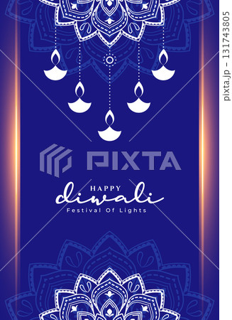 happy diwali greeting blue template with rangoli design 131743805