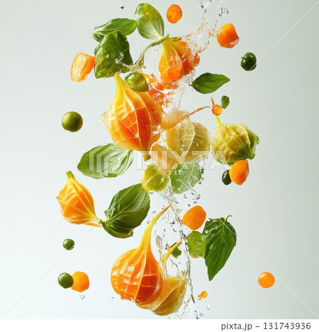 Fresh fruits and herbs splashing in water. Concept of healthy eating and freshness. 131743936