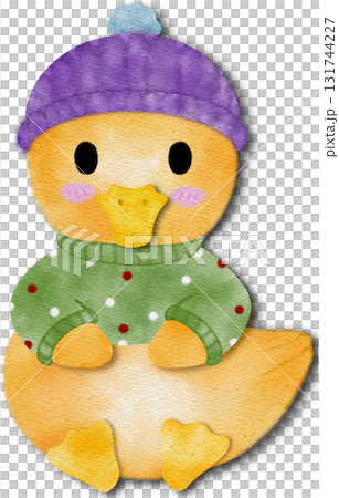 Cute yellow duckling with Christmas decorations and roller skates. Christmas illustration of a yello 131744227