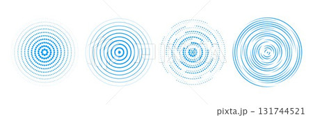 Blue radial concentric circle set. Halftone, dashed and dotted rings for epicenter, target, radar, earthquake, tsunami symbol. Sound wave signal collection. Vector rippled expansive vibration elements Blue radial concentric circle set. Halftone, dashed and dotted rings for epicenter, target, radar, earthquake, tsunami symbol. Sound wave signal collection. Vector rippled expansive vibration elements 131744521