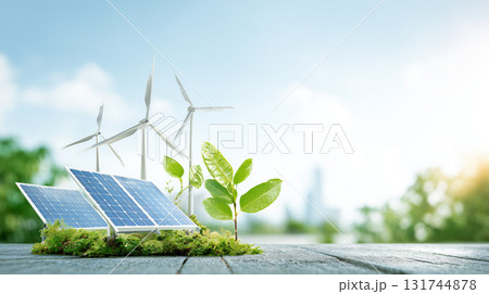 太陽光発電パネルと風力発電機が並ぶ青空の下の再生可能エネルギー風景「生成AI」 太陽光発電パネルと風力発電機が並ぶ青空の下の再生可能エネルギー風景「生成AI」 131744878