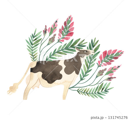Holstein Friesian Cow is dairy cattle. Cow in a composition of meadow grasses and flowers. Isolated watercolor illustration in retro style for packaging, children's book and encyclopedia. Clipart. Holstein Friesian Cow is dairy cattle. Cow in a composition of meadow grasses and flowers. Isolated watercolor illustration in retro style for packaging, children's book and encyclopedia. Clipart. 131745276