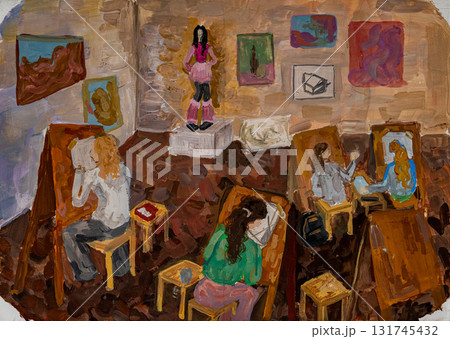 Creative students sketching and painting in an art studio setting Creative students sketching and painting in an art studio setting 131745432
