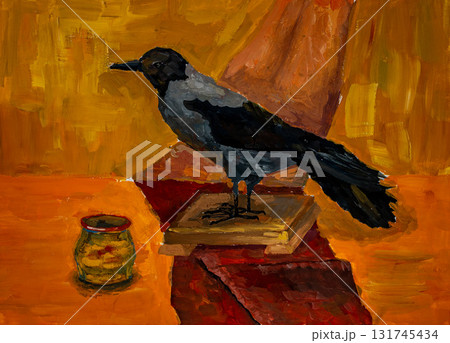 Crow perched on a wooden block next to a jar in colorful paint art piece Crow perched on a wooden block next to a jar in colorful paint art piece 131745434